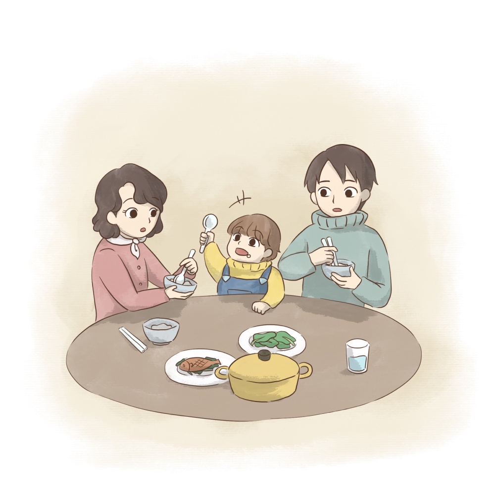 (孩子約3歲)傍晚吃飯時，在餐桌上和爸爸媽媽分享今天在學校發生的事情